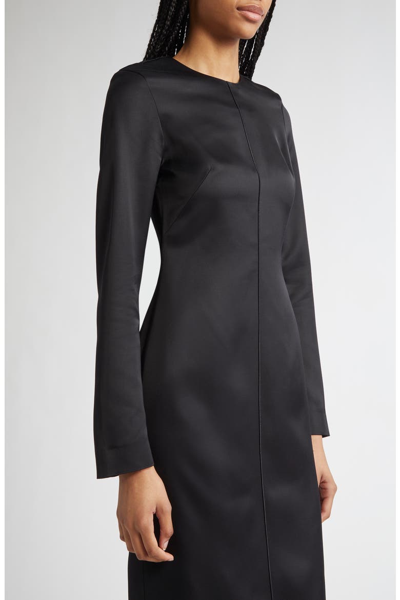 Lean Long Sleeve Satin Midi Dress, Alternate, color, BLACK