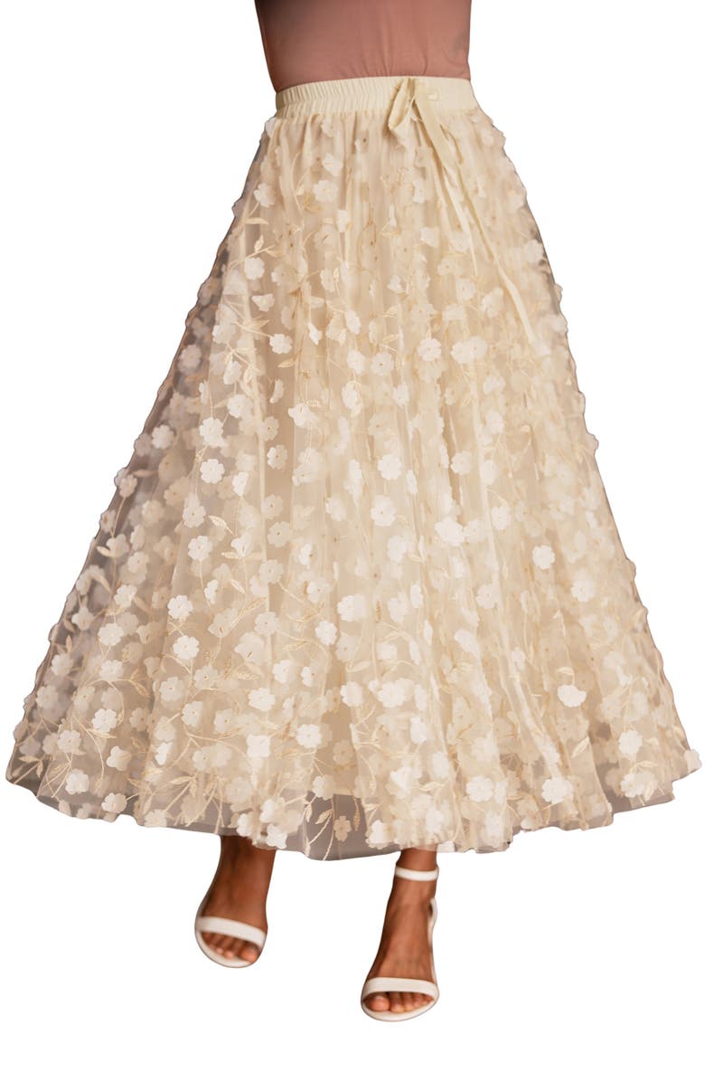 Yumi Mesh Floral Applique Midi Skirt, Main, color, Ivory