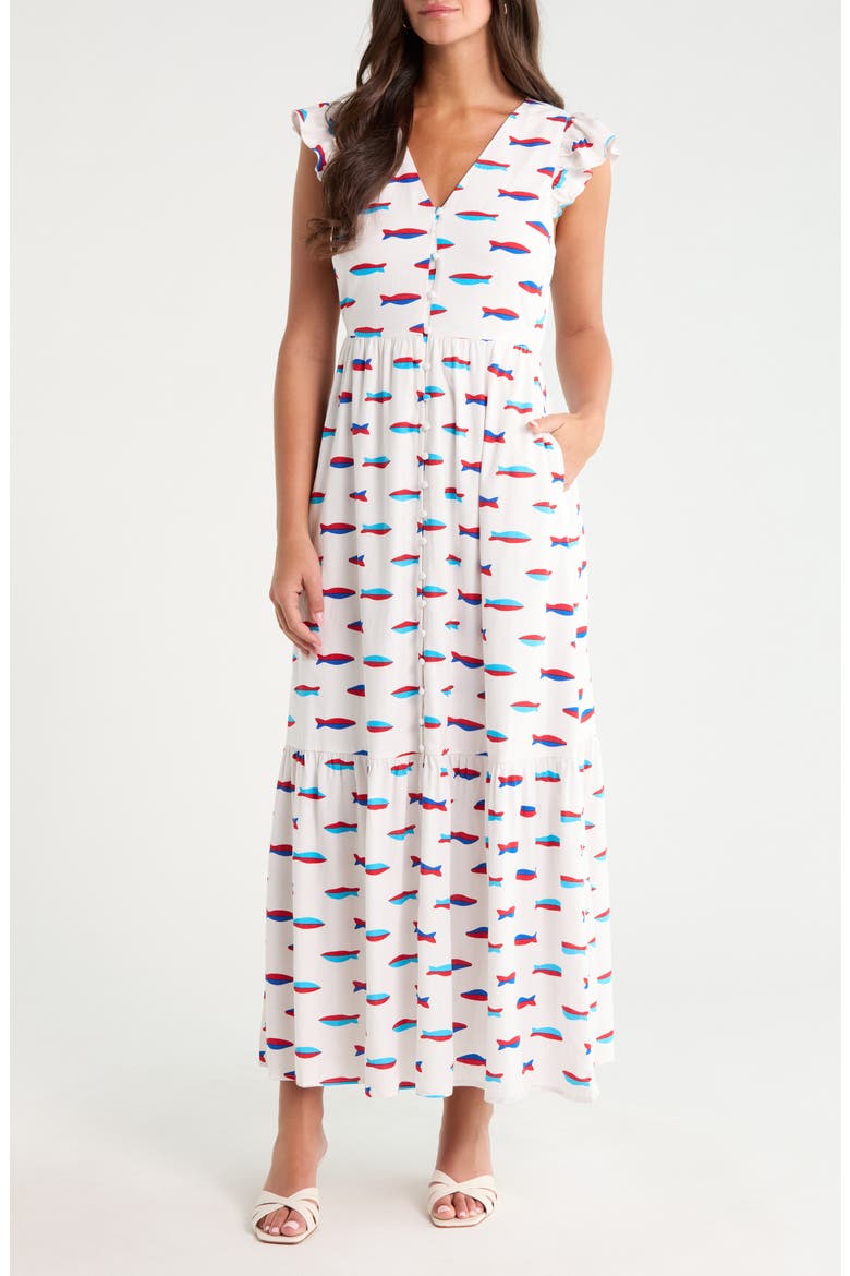 Evianna Flutter Sleeve Maxi Dress, Main, color, WHITE-MULTI