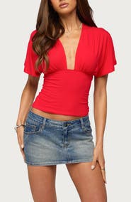 EDIKTED Betee Flutter Sleeve Plunge Neck Top