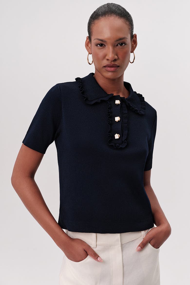 Parker Ruffle Collar Short Sleeve Knit Blouse, Alternate, color, Navy