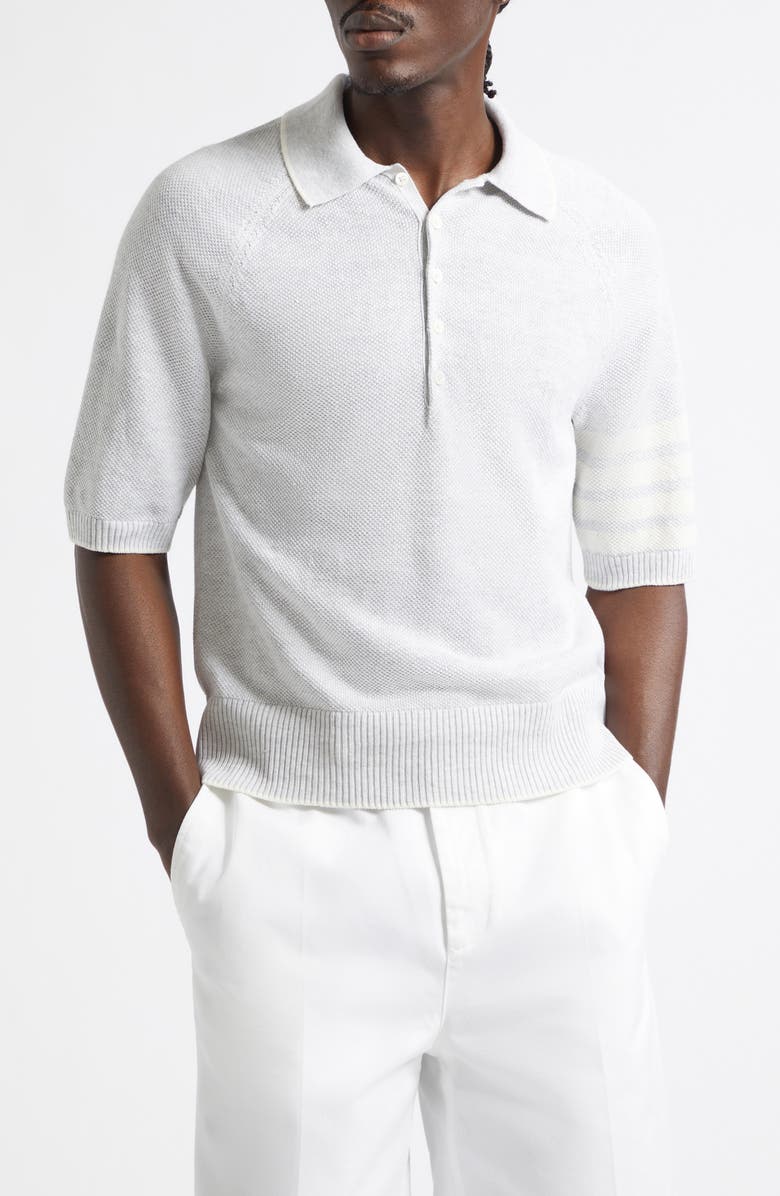 Thom Browne Linen & Cotton 4-Bar Relaxed Fit Polo, Main, color, Pale Grey