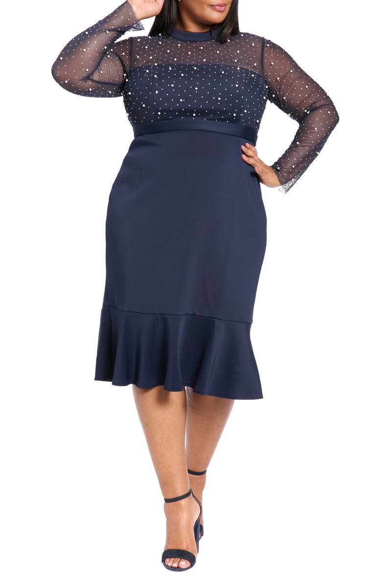 London Times Long Sleeve Faux Pearl Illusion Midi Dress, Main, color, Navy