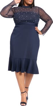 London Times Long Sleeve Faux Pearl Illusion Midi Dress