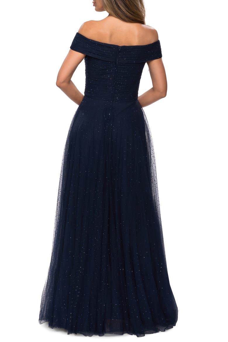 Tulle Off the Shoulder A-line Dress with Rhinestones, Alternate, color, NAVY