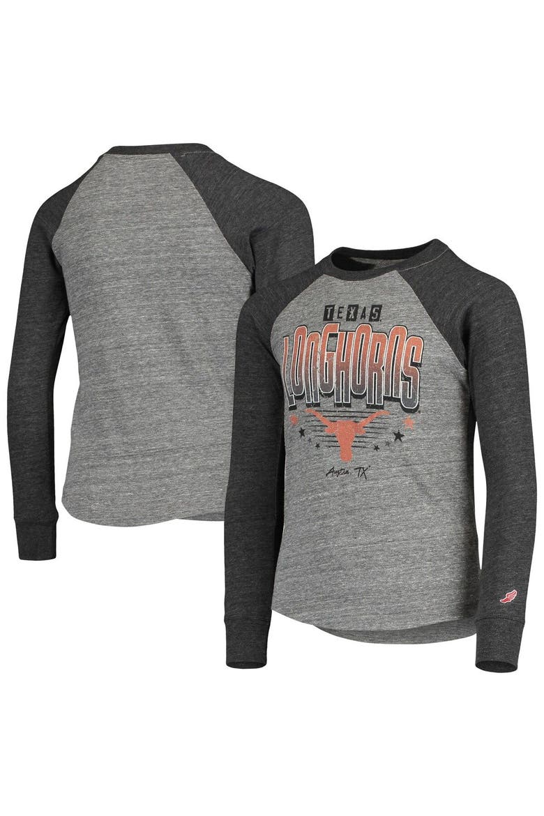 Youth League Collegiate Wear Heathered Gray Texas Longhorns Baseball Tri-Blend Raglan Long Sleeve T-Shirt, Main, color, Heather Gray
