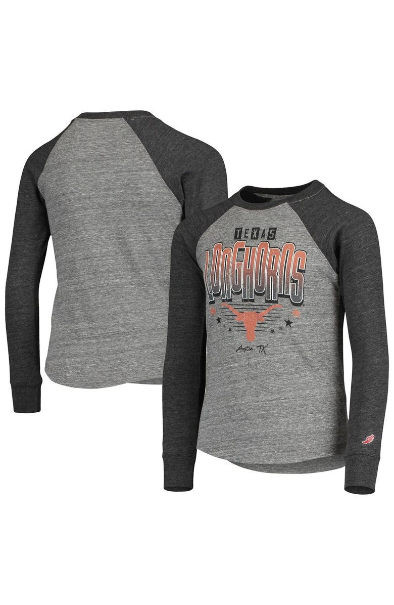 LEAGUE COLLEGIATE WEAR Youth League Collegiate Wear Heathered Gray Texas Longhorns Baseball Tri-Blend Raglan Long Sleeve T-Shirt, Main, color,