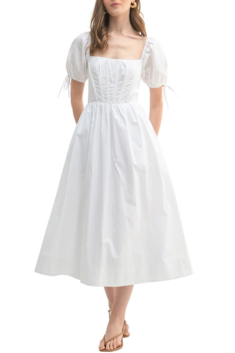 Corset Bodice Cotton Midi Dress, Main, color, WHITE