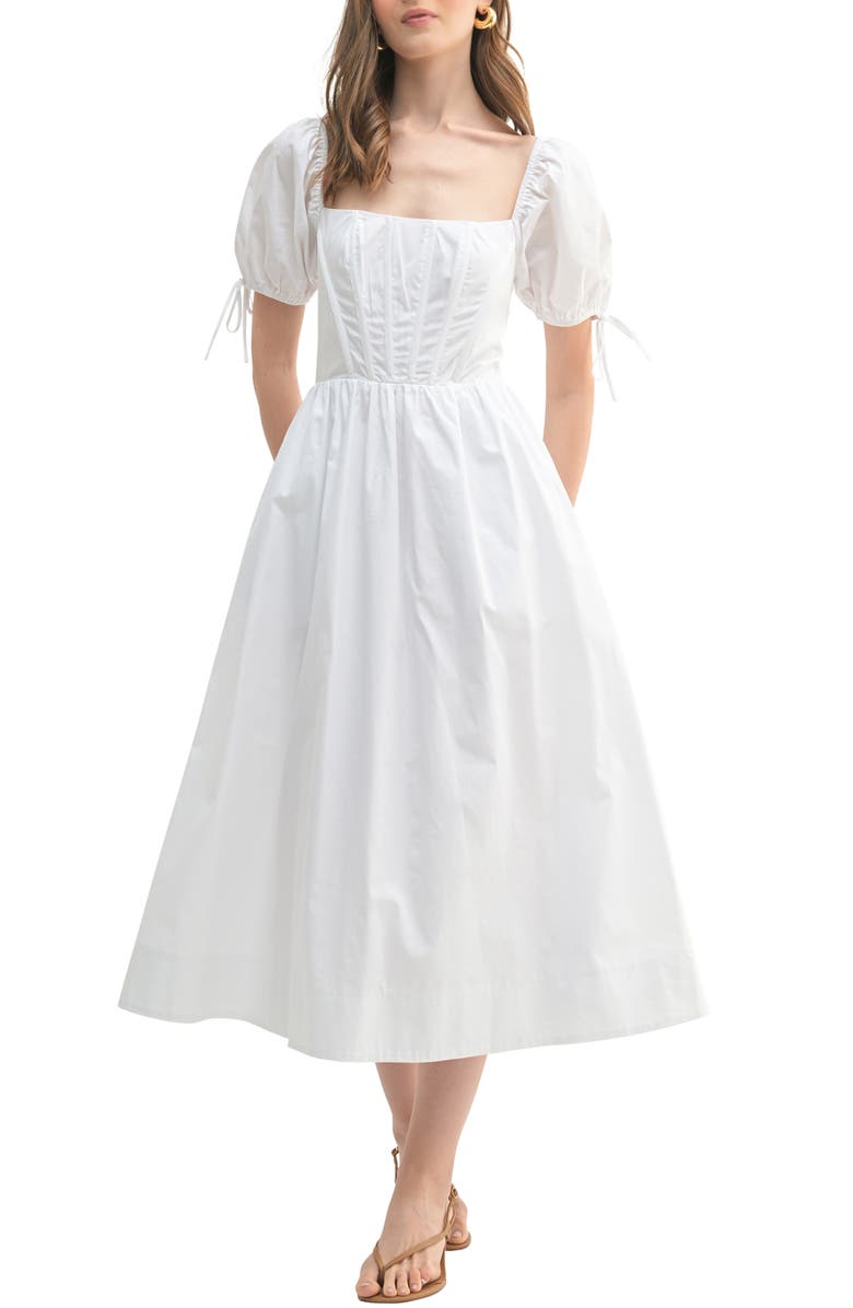 All in Favor Corset Bodice Cotton Midi Dress, Main, color, White