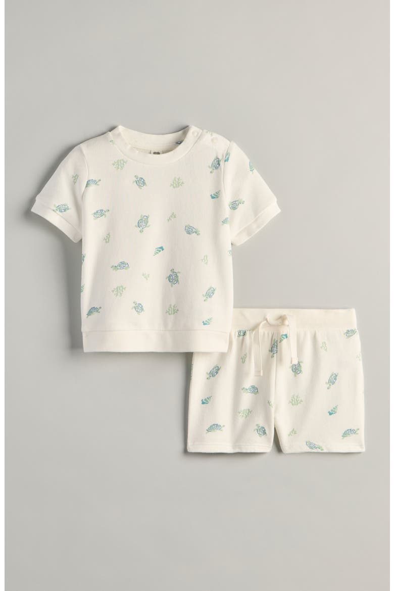 Fun Short Sleeve Cotton Sweatshirt & Sweat Shorts Set, Main, color, IVORY EGRET TURTLE TOSS