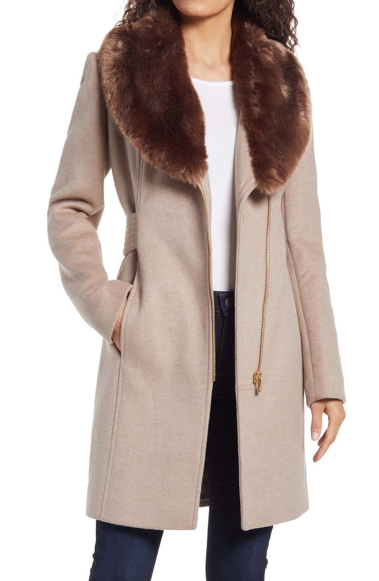 Via Spiga Asymmetrical Wool Coat with Faux Fur Collar, Main, color, 