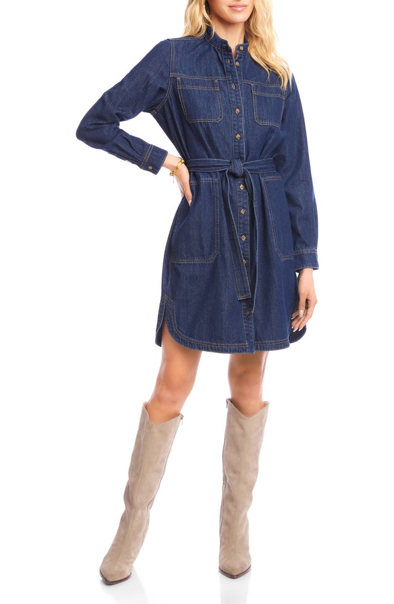 Karen Kane Belted Long Sleeve Denim Shirtdress, Main, color, Indigo