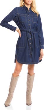 Karen Kane Belted Long Sleeve Denim Shirtdress