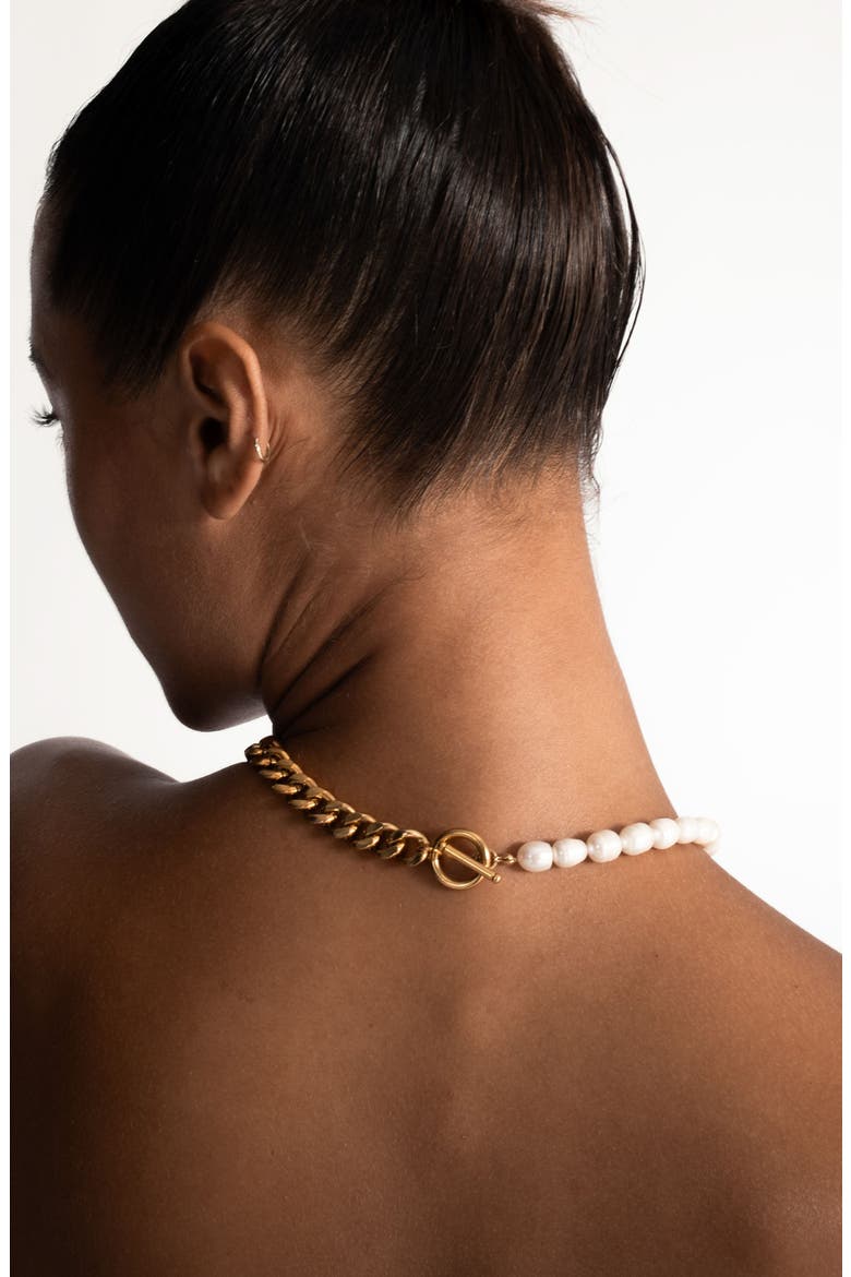 Freshwater Pearl & Curb Chain Toggle Necklace, Alternate, color, WHITE/ GOLD