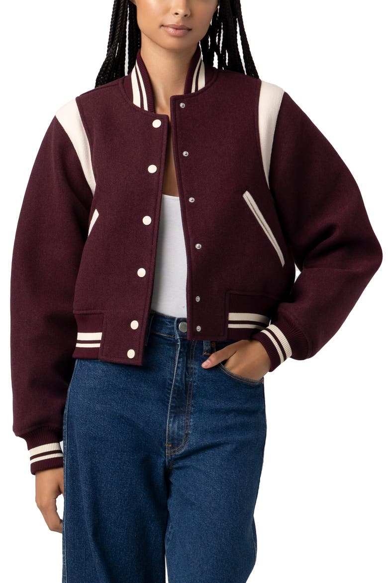 Varsity Bomber Jacket, Alternate, color, WINE