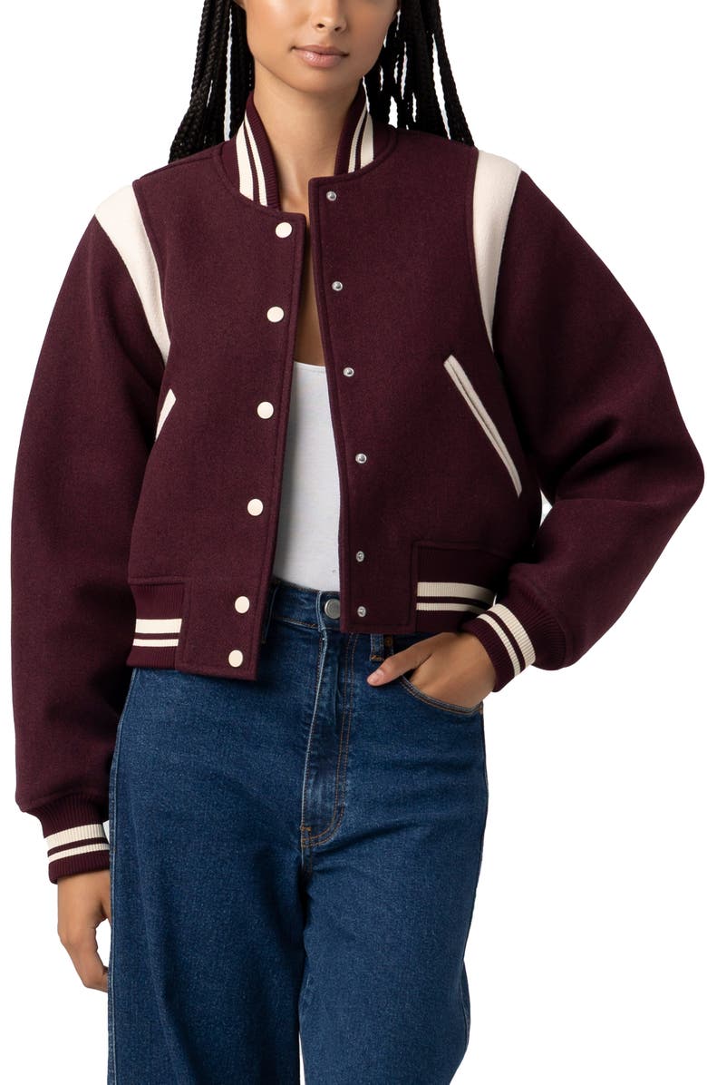 BLANKNYC Varsity Bomber Jacket, Alternate, color, Wine