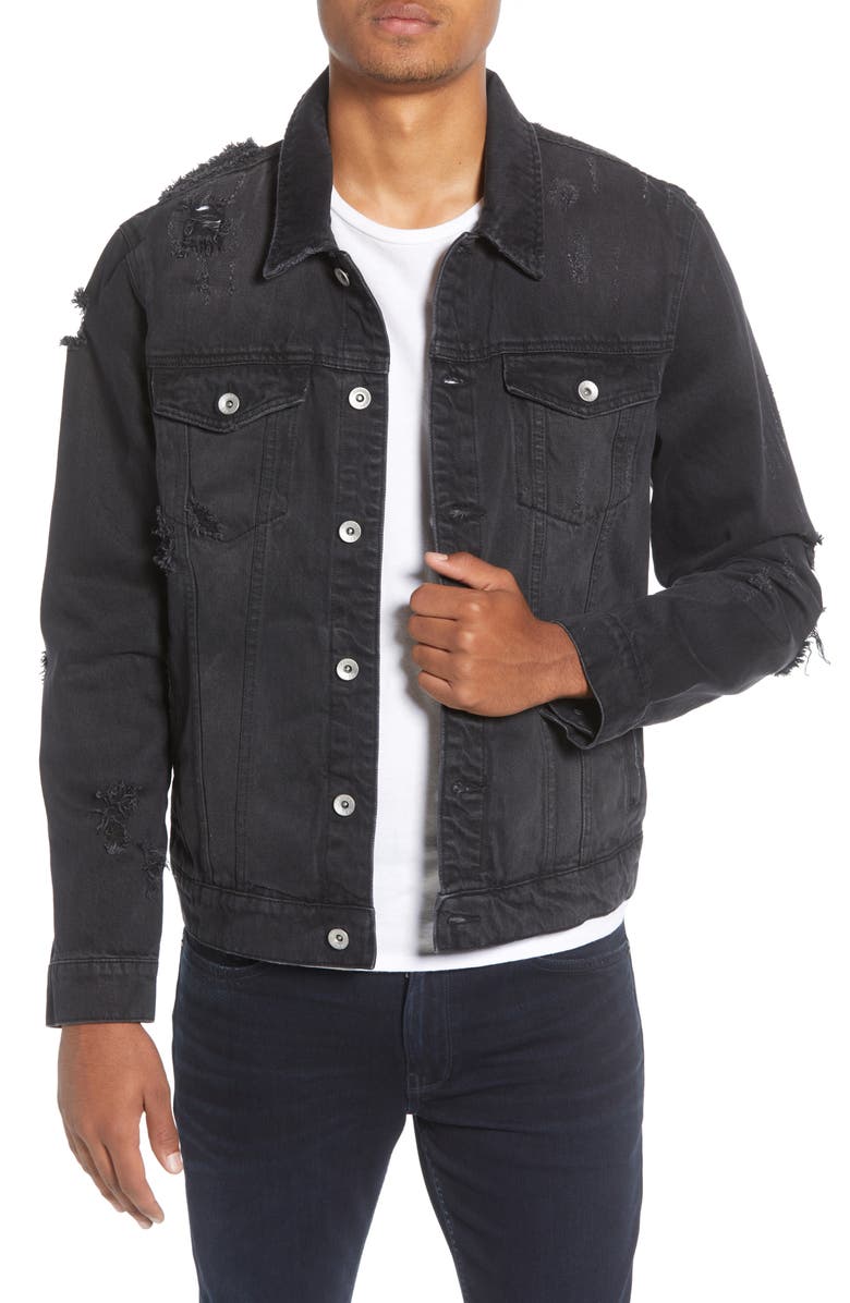 Topman Ripped Western Denim Jacket, Main, color, 