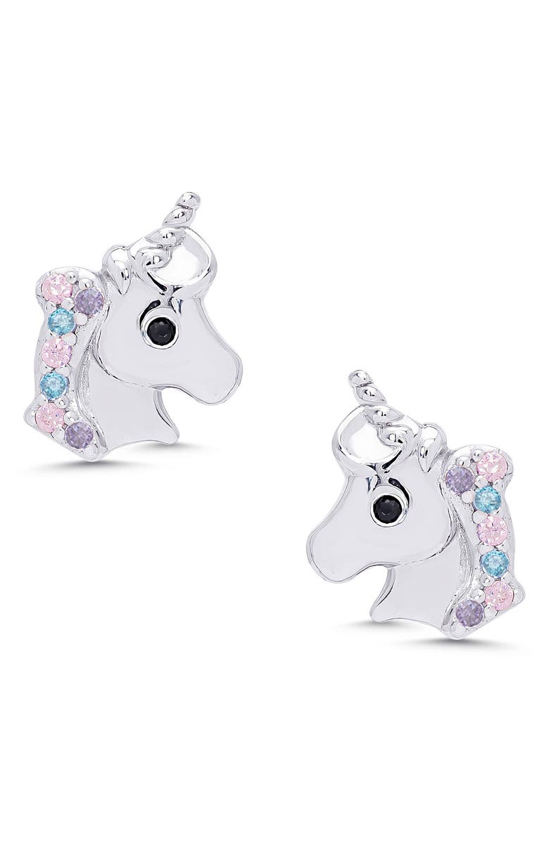 Lily Nily Kids' Cubic Zirconia Unicorn Stud Earrings, Main, color, Silver