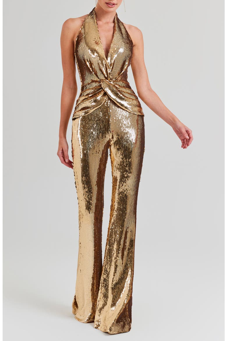 Tianna Sequin Halter Flare Jumpsuit, Main, color, GOLD