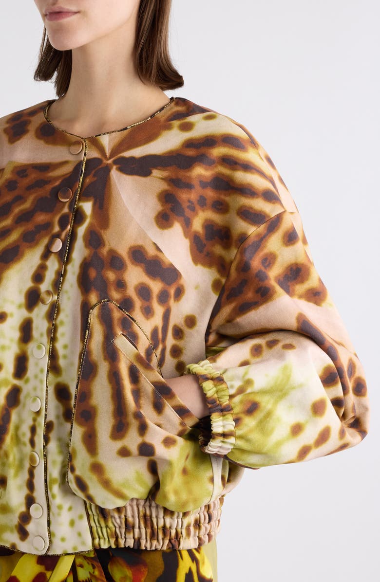 Dries Van Noten Vadon Leopard Orchid Print Cotton Bomber Jacket, Alternate, color, Olive