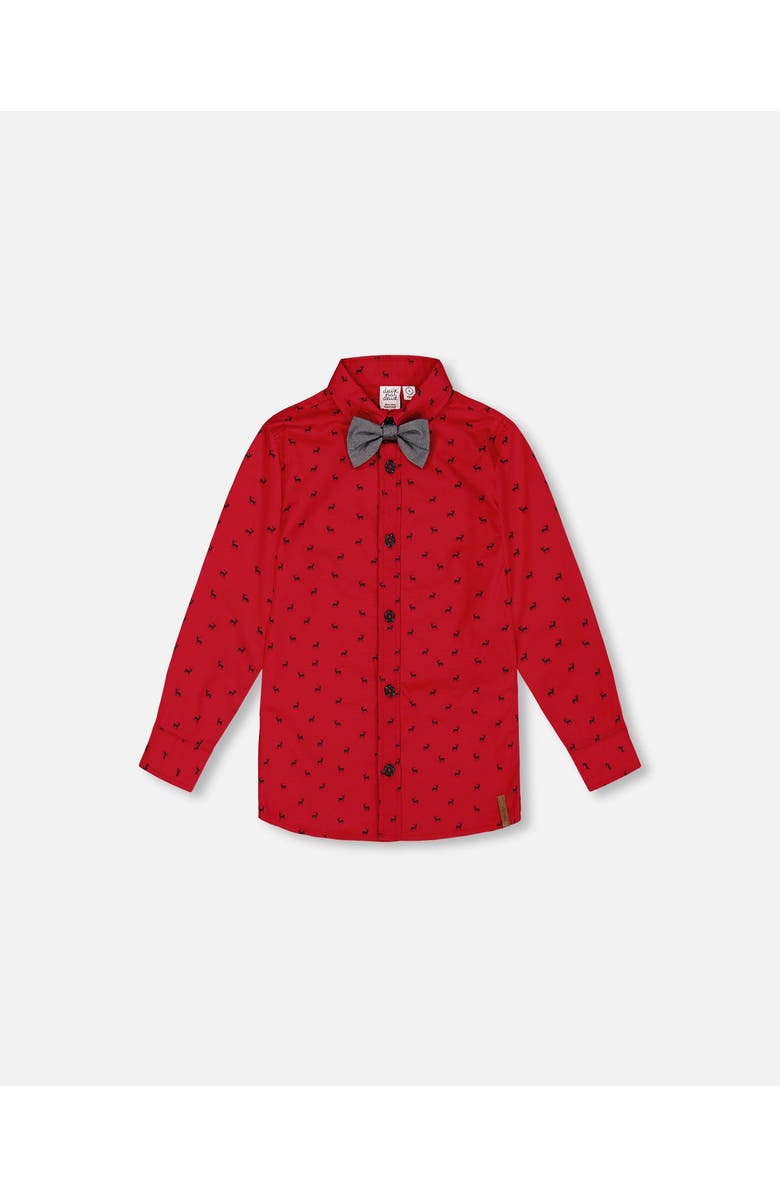 Deux par Deux Boy's Printed Reindeer Poplin Shirt With Bow Tie Red, Main, color,