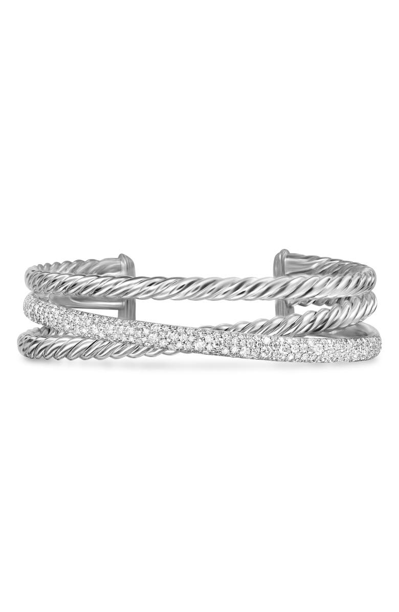 David Yurman Crossover Three-Row Cuff Bracelet in Sterling Silver with Diamonds, 20mm, Main, color, Sterling Silver