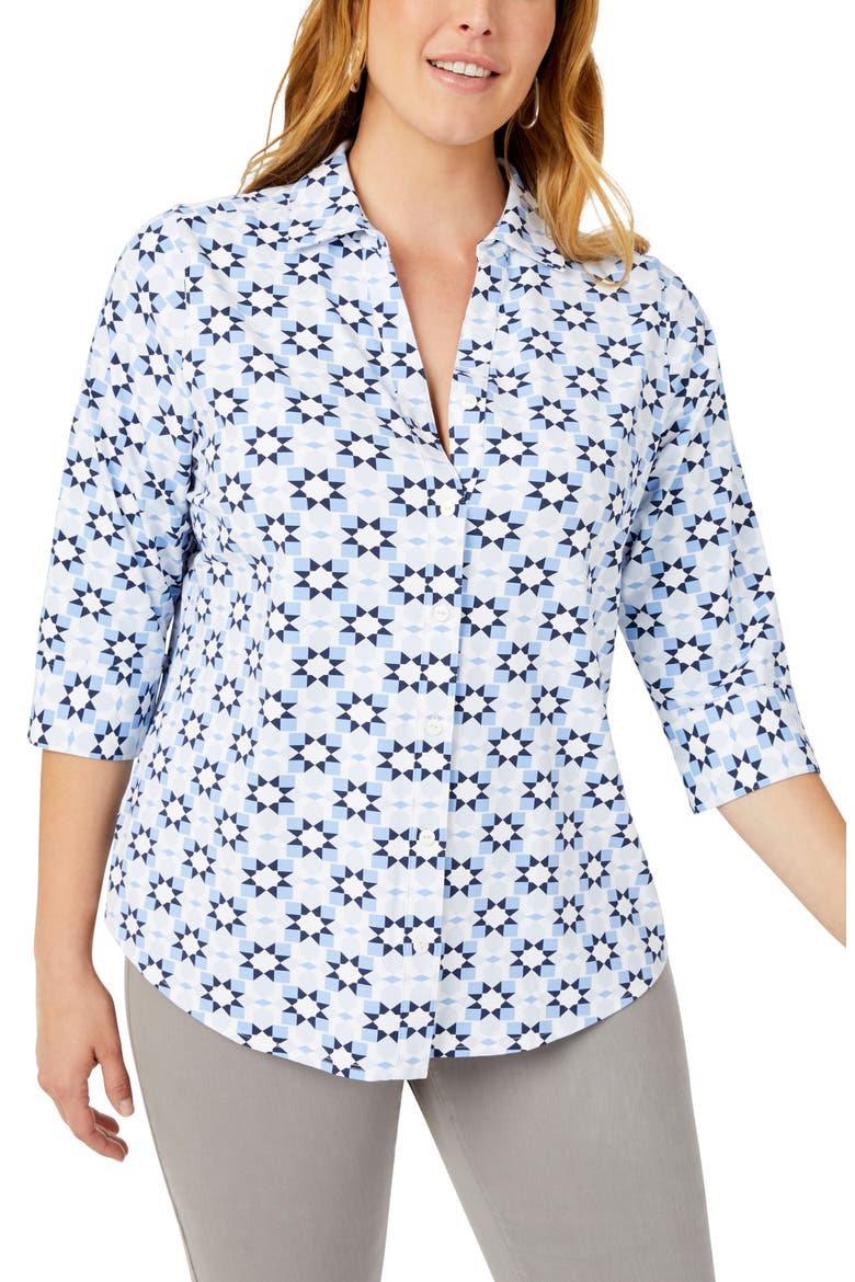 Mary Decorative Patchwork Print Jersey Shirt, Main, color, BLUE FREESIA