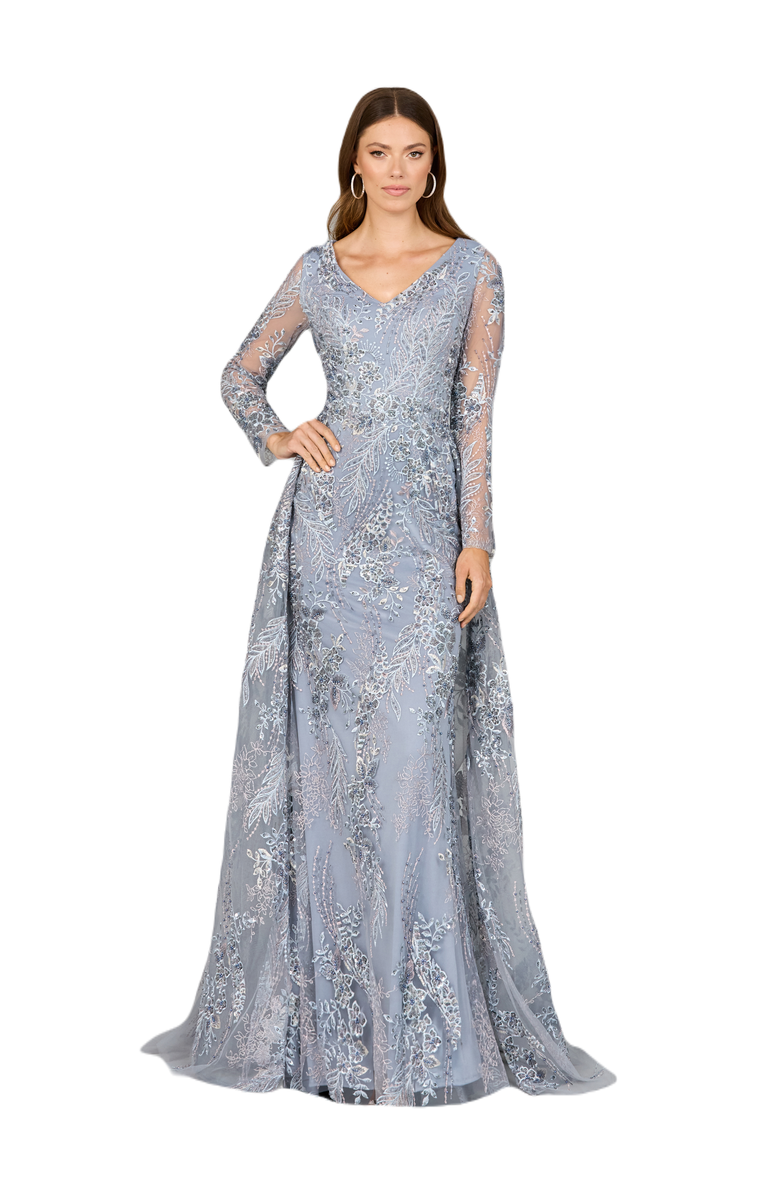 LARA New York Lace Long Sleeve Gown with Overskirt, Main, color, Slatemulti