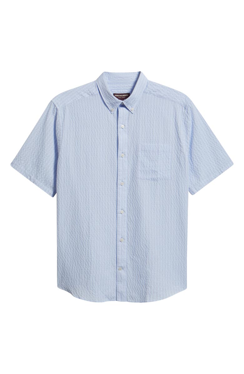 Johnston & Murphy Leland Stripe Short Sleeve Seersucker Button-Down Shirt, Main, color, Light Blue Striped Seersucker