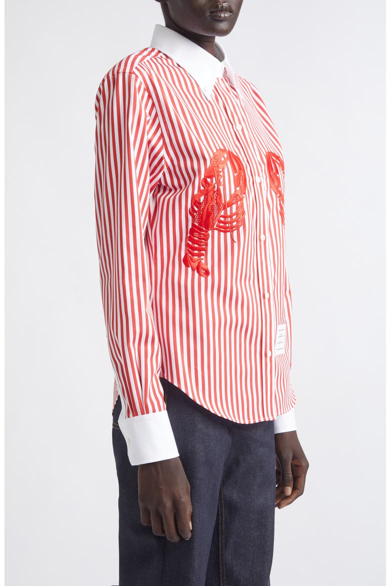 Lobster Embroidered Stripe Cotton Poplin Button-Down Shirt, Alternate, color, RED