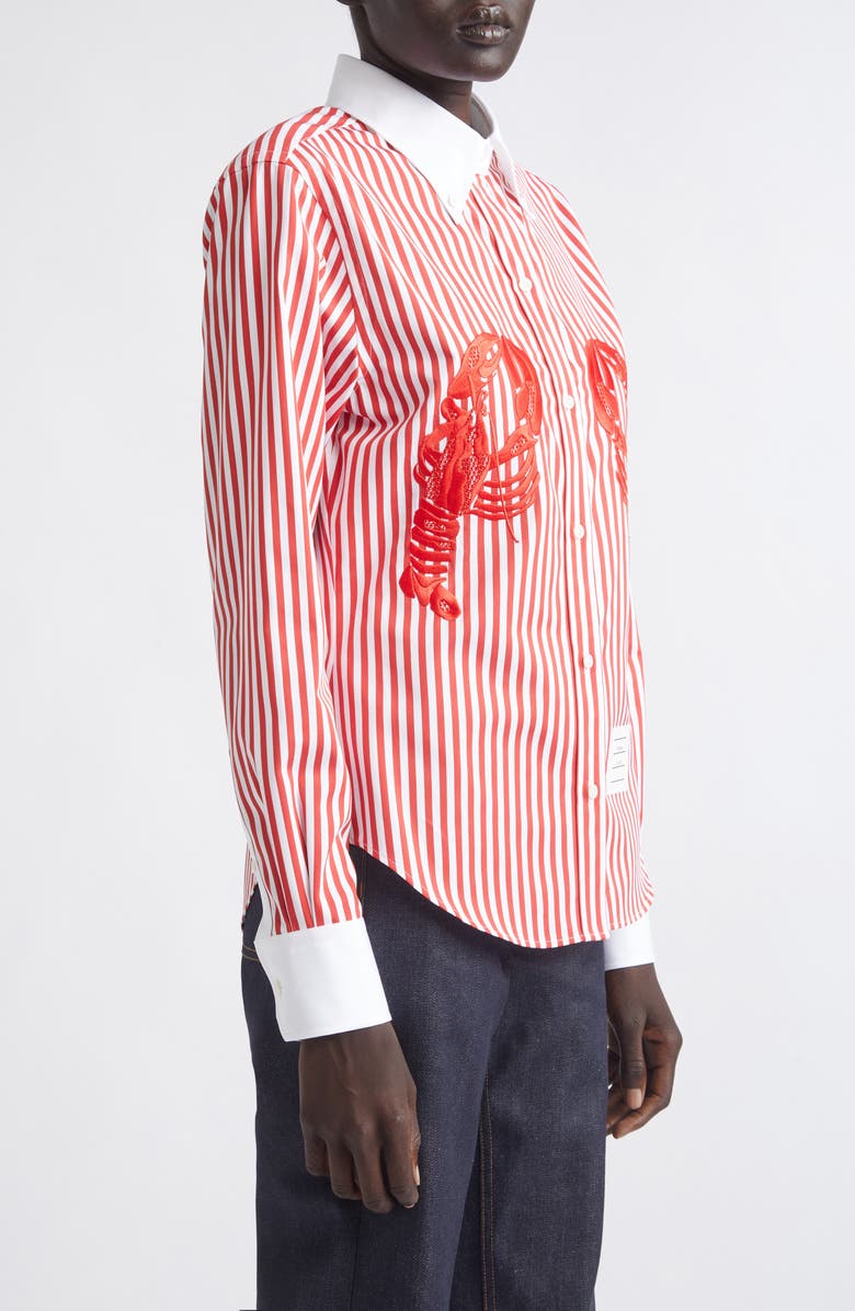 Thom Browne Lobster Embroidered Stripe Cotton Poplin Button-Down Shirt, Alternate, color, Red