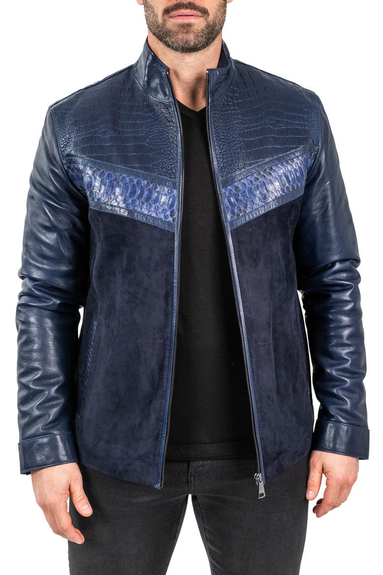 Pythonshield Blue Snakeskin Embossed Leather Jacket, Main, color, BLUE