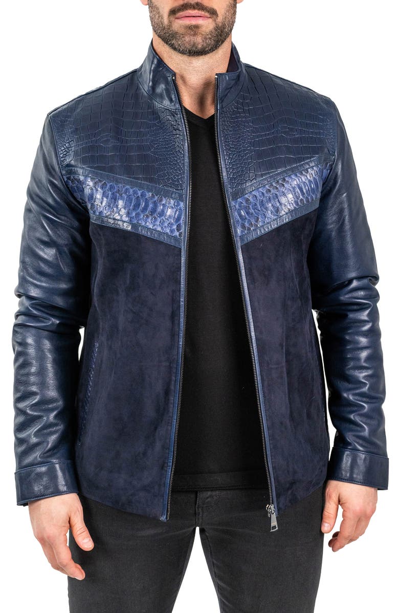 Maceoo Pythonshield Blue Snakeskin Embossed Leather Jacket, Main, color, Blue
