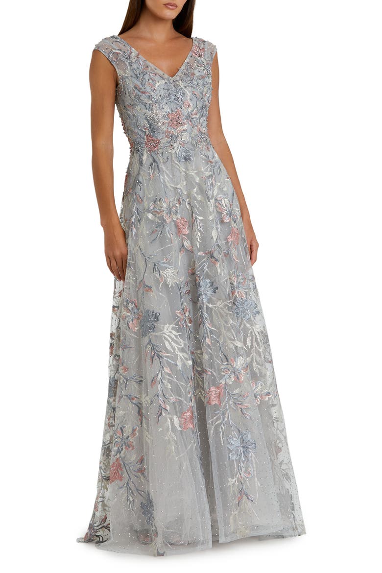 Embroidered Illusion Cap Sleeve A Line Gown, Main, color, MULTI