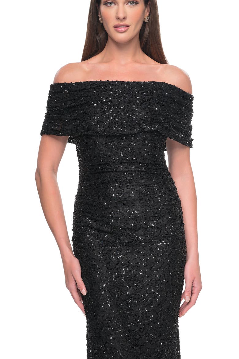 Off the Shoulder Ruched Beaded Lace Evening Gown, Main, color, Black