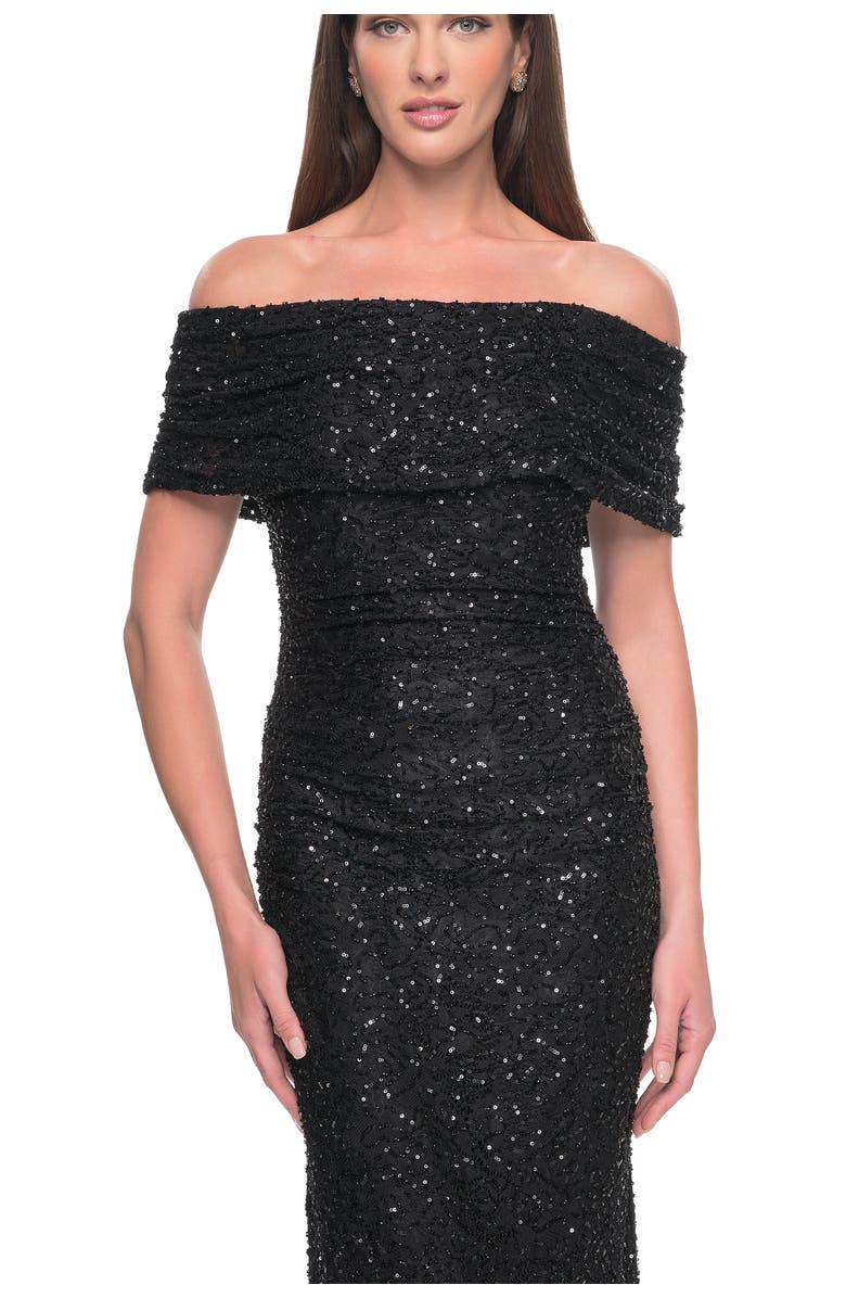 La Femme Off the Shoulder Ruched Beaded Lace Evening Gown, Main, color, Black