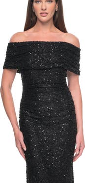 La Femme Off the Shoulder Ruched Beaded Lace Evening Gown