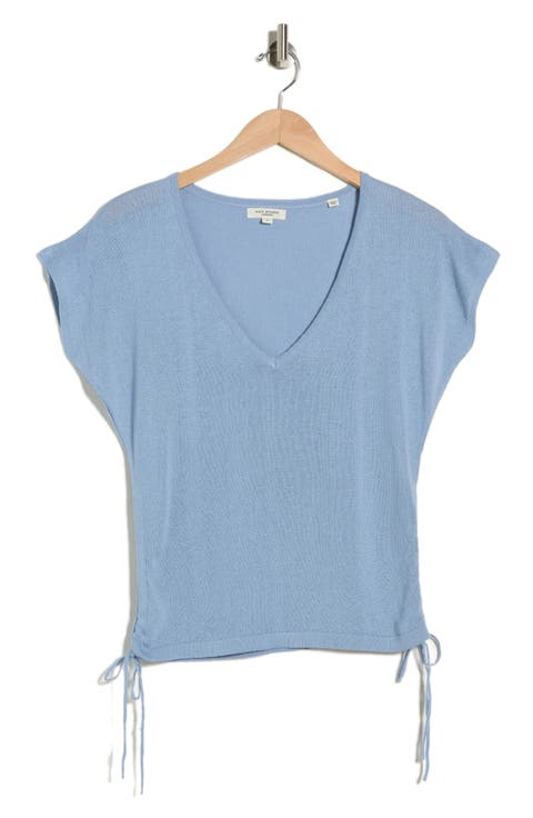 Side Ruched Short Sleeve V-Neck Sweater