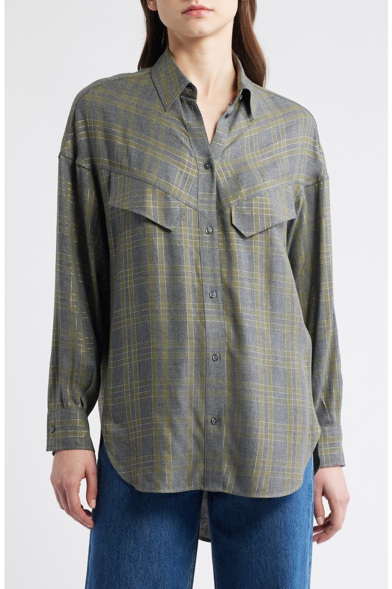 Bostaffa Metallic Plaid Woven Shirt, Main, color, GREEN MULTI