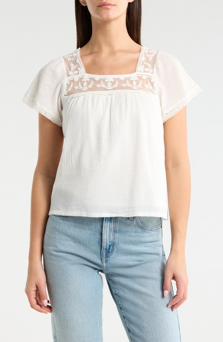 Lucky Brand Lace Mesh Detail Square Neck Cotton Top, Main, color, Cream