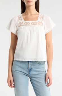 Lace Mesh Detail Square Neck Cotton Top