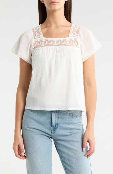 Lace Mesh Detail Square Neck Cotton Top