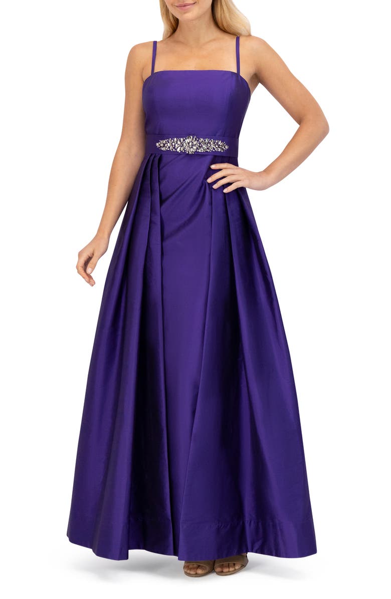 Eliza J Belted Taffeta Ballgown, Main, color,