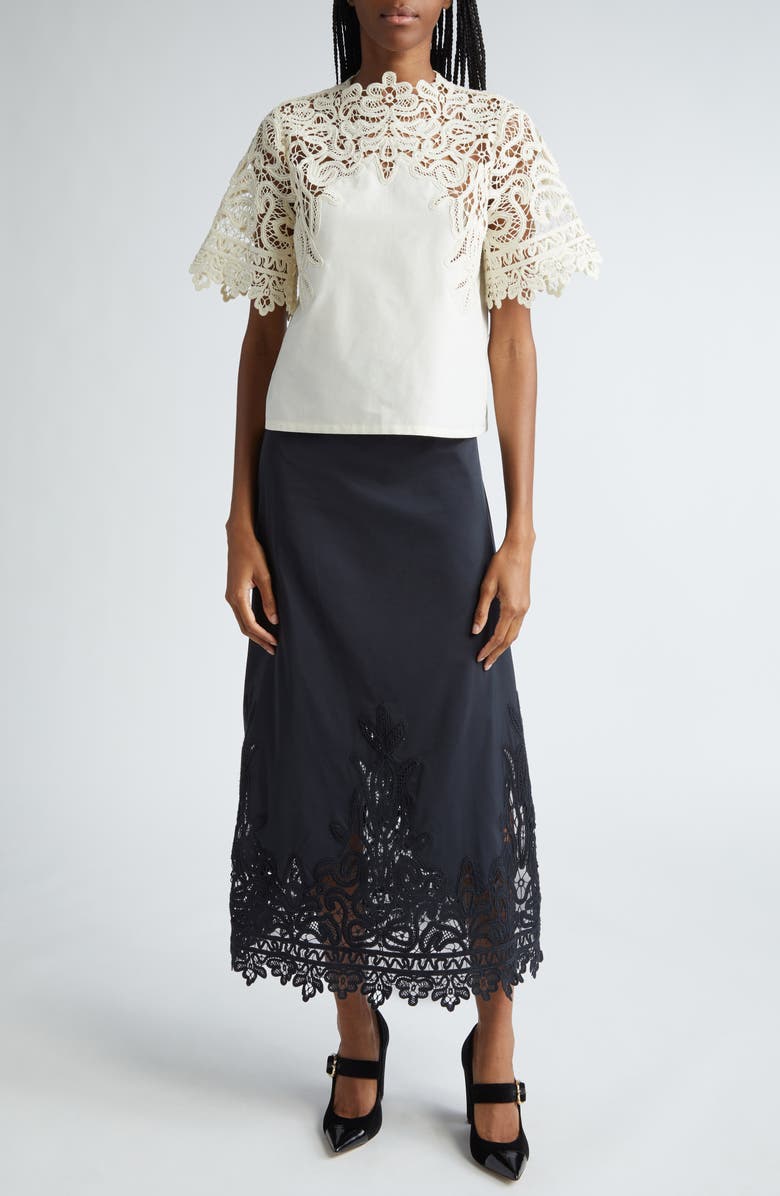 Ulla Johnson Karlyn Lace Trim Cotton & Silk Midi Skirt, Alternate, color,