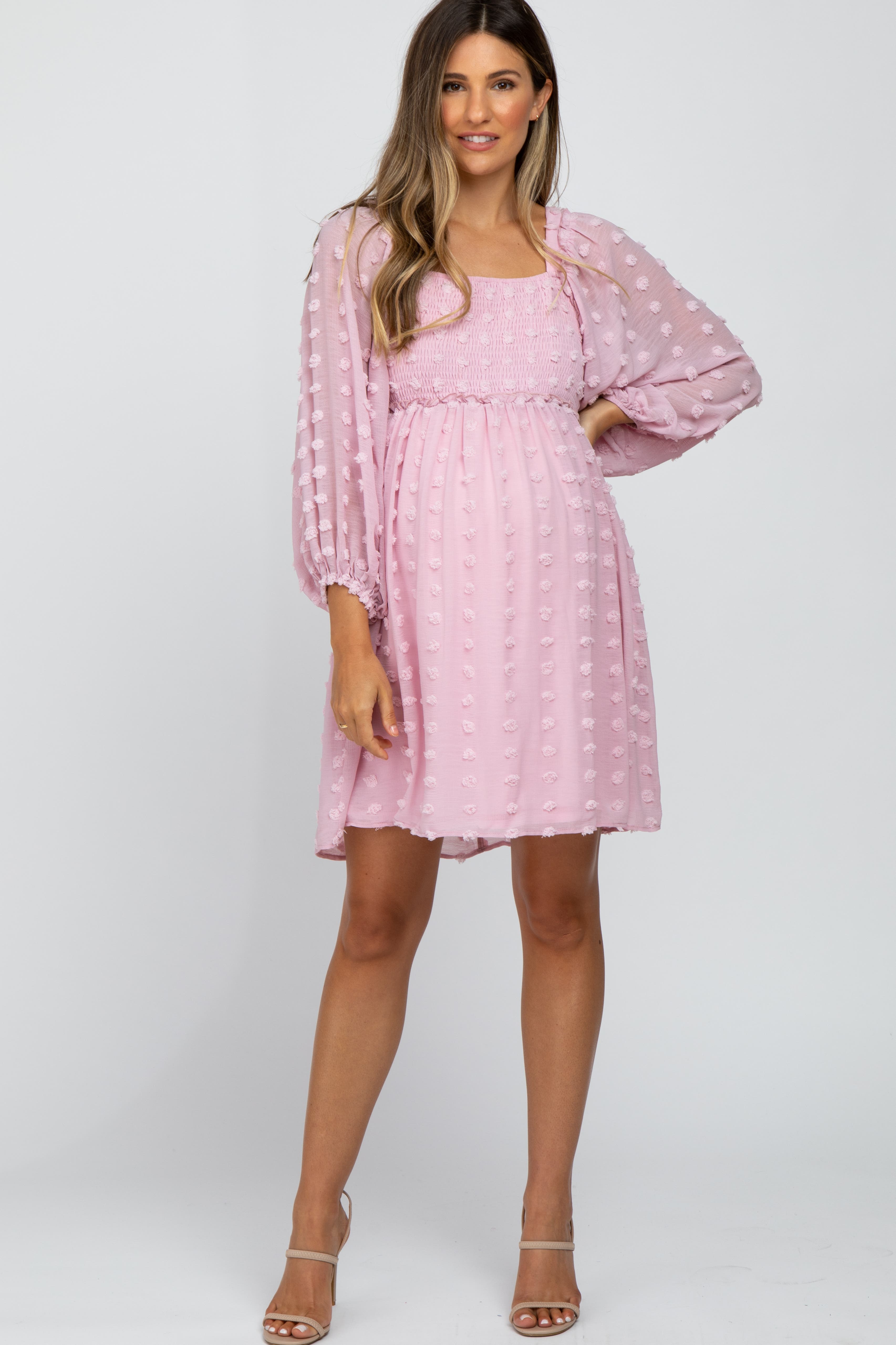 Pinkblush Textured Dot Smocked Square Neck Chiffon Dress