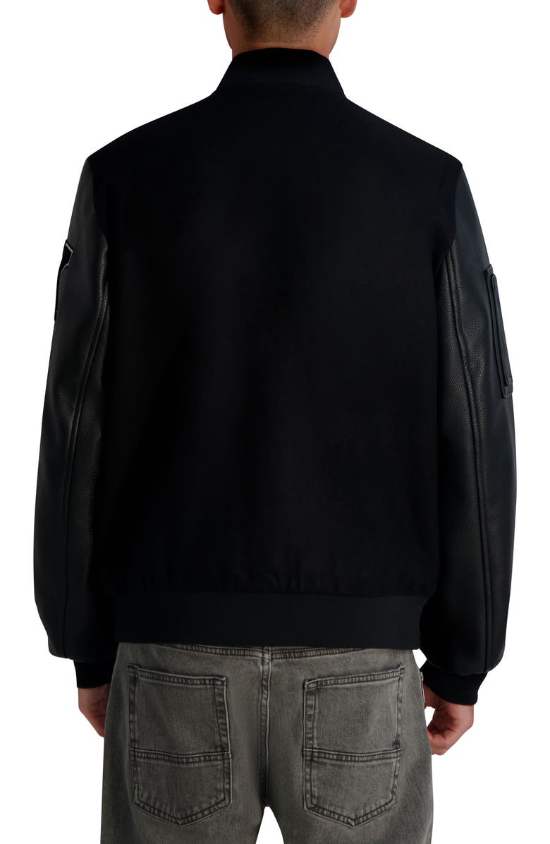 KARL LAGERFELD PARIS Karl Faux Leather Sleeve Varsity Bomber Jacket, Alternate, color, Black