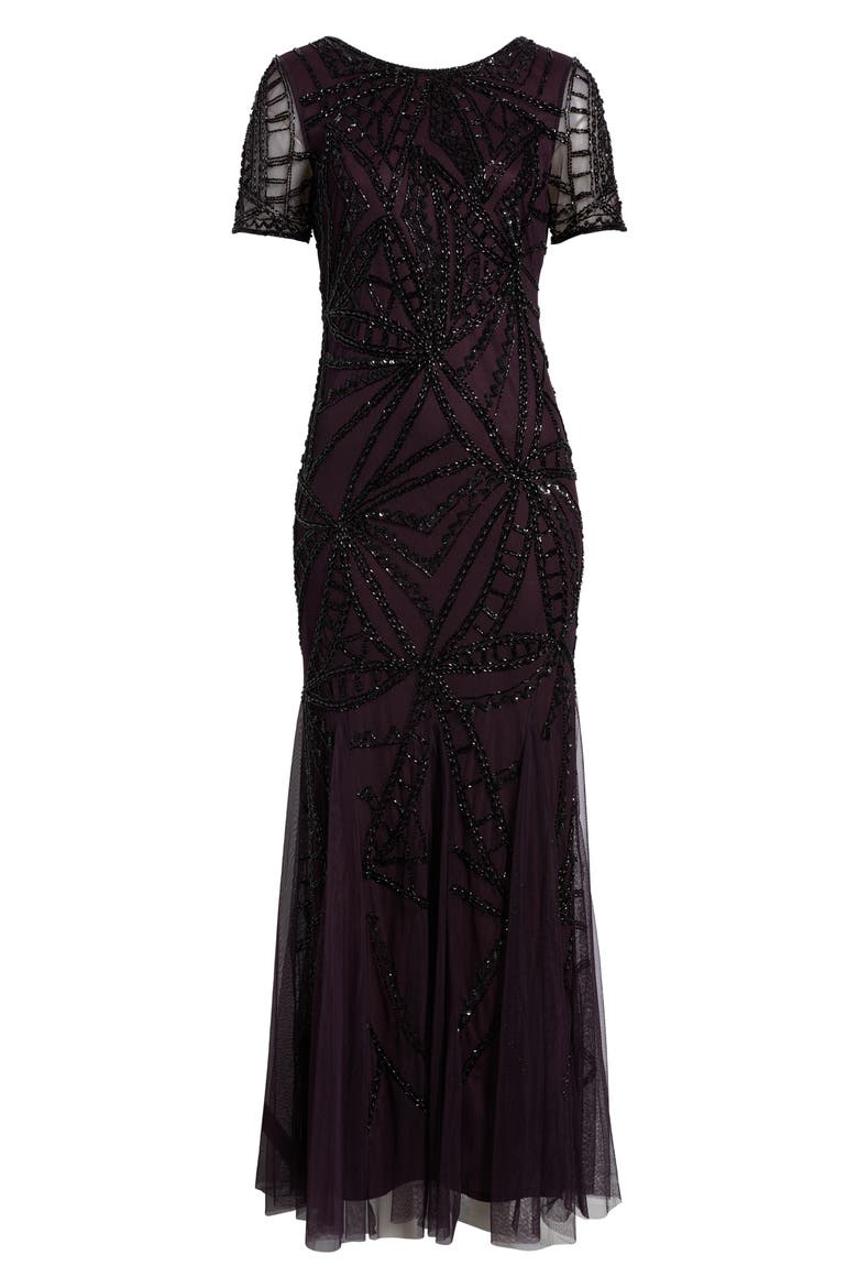 Beaded Short Sleeve Gown, Alternate, color, WINE