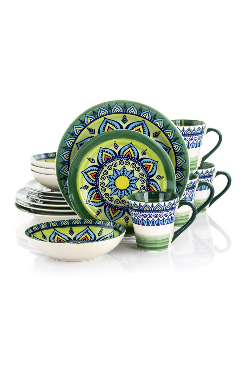 Elama Zen Green Mozaik 16 Piece Luxurious Stoneware Dinnerware with Complete Setting for 4, 16pc, Main, color, Green