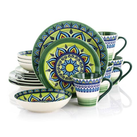 Zen Green Mozaik 16 Piece Luxurious Stoneware Dinnerware with Complete Setting for 4, 16pc