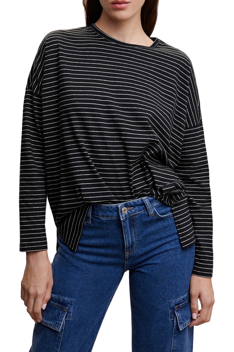 Stripe Long Sleeve Cotton & Linen T-Shirt, Main, color, BLACK
